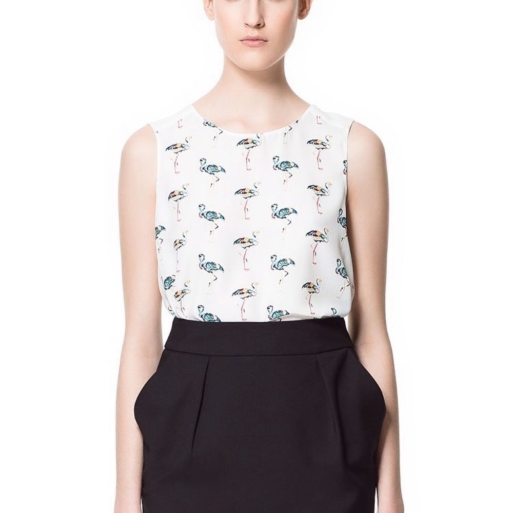 Zara Flamingo Top White Sheer Print Swing Tank Sleeveless Blouse Novelty